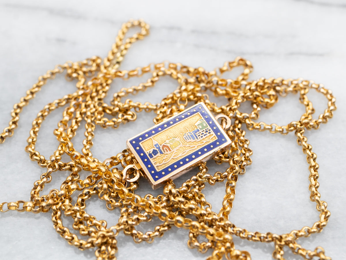 Long Antique Gold Sleepy Downtown Enamel Slide Pendant Necklace