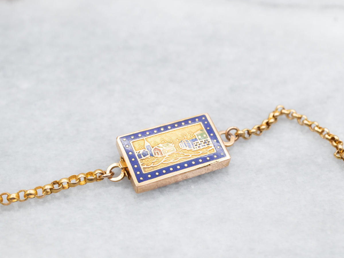 Long Antique Gold Sleepy Downtown Enamel Slide Pendant Necklace