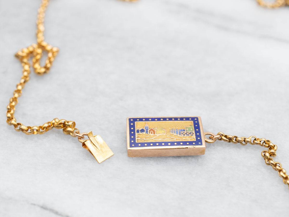 Long Antique Gold Sleepy Downtown Enamel Slide Pendant Necklace