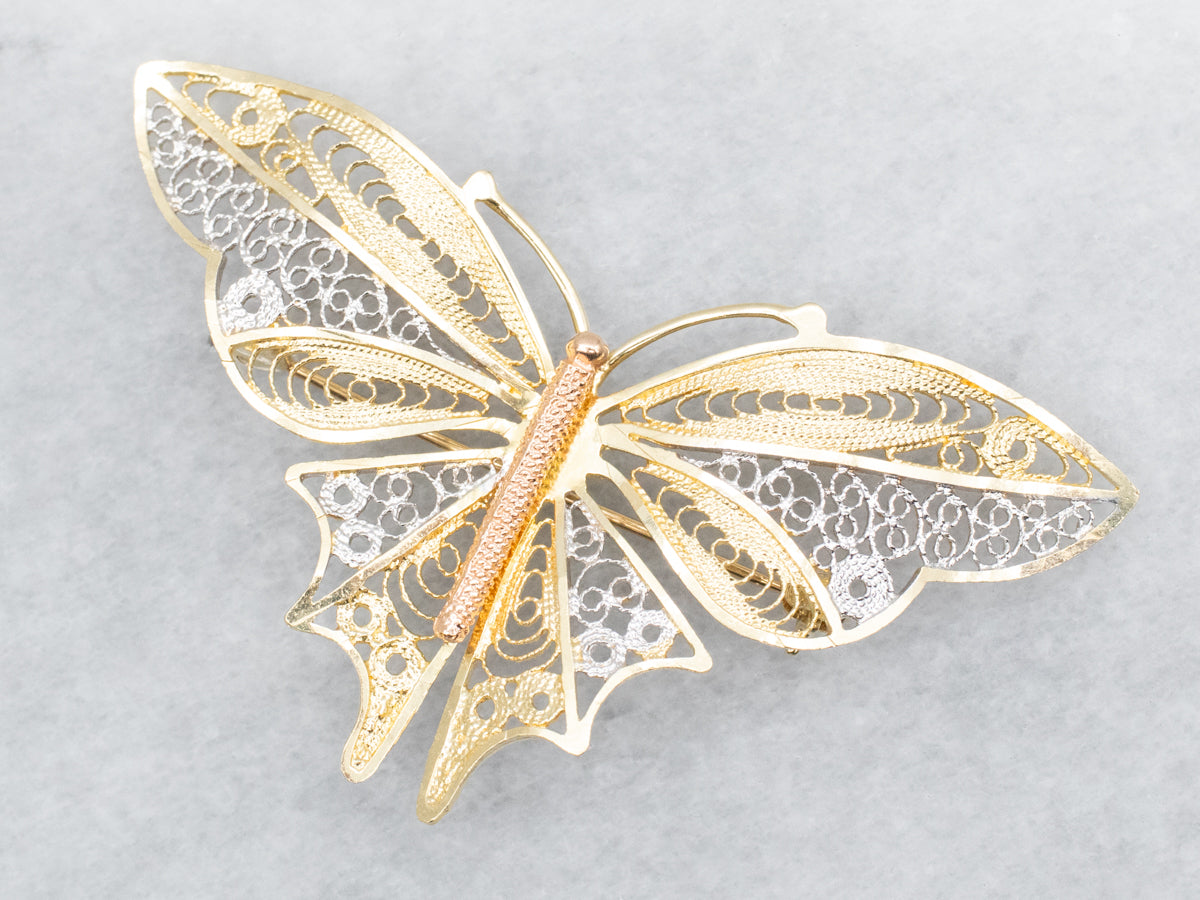 Pretty Gold Filigree Butterfly Brooch