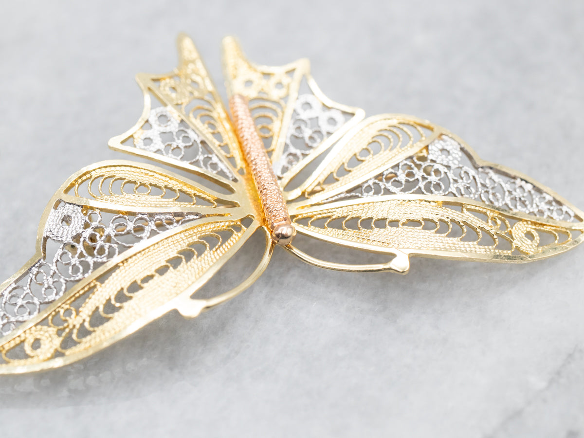 Pretty Gold Filigree Butterfly Brooch