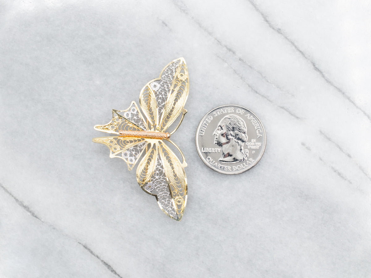 Pretty Gold Filigree Butterfly Brooch