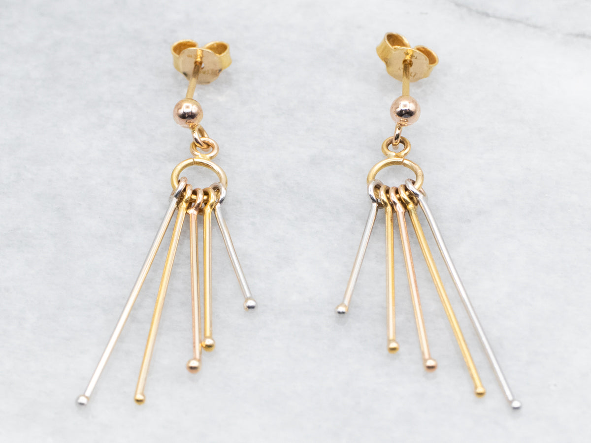 Tri Color Yellow, White, and Rose Gold Bar Tassel Drop Earrings