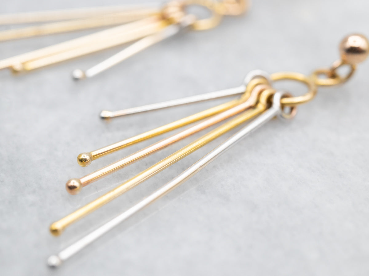 Tri Color Yellow, White, and Rose Gold Bar Tassel Drop Earrings