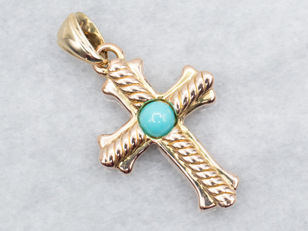 Italian Gold Cross Pendant with Turquoise Accent