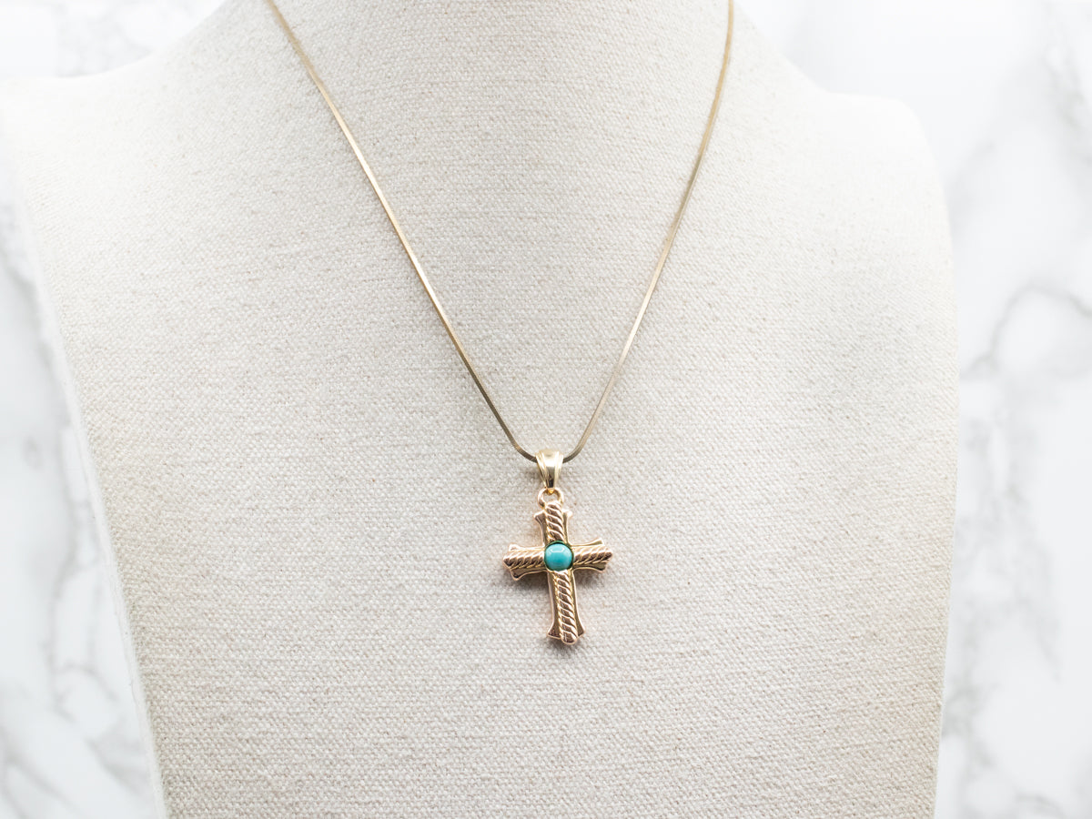 Italian Gold Cross Pendant with Turquoise Accent