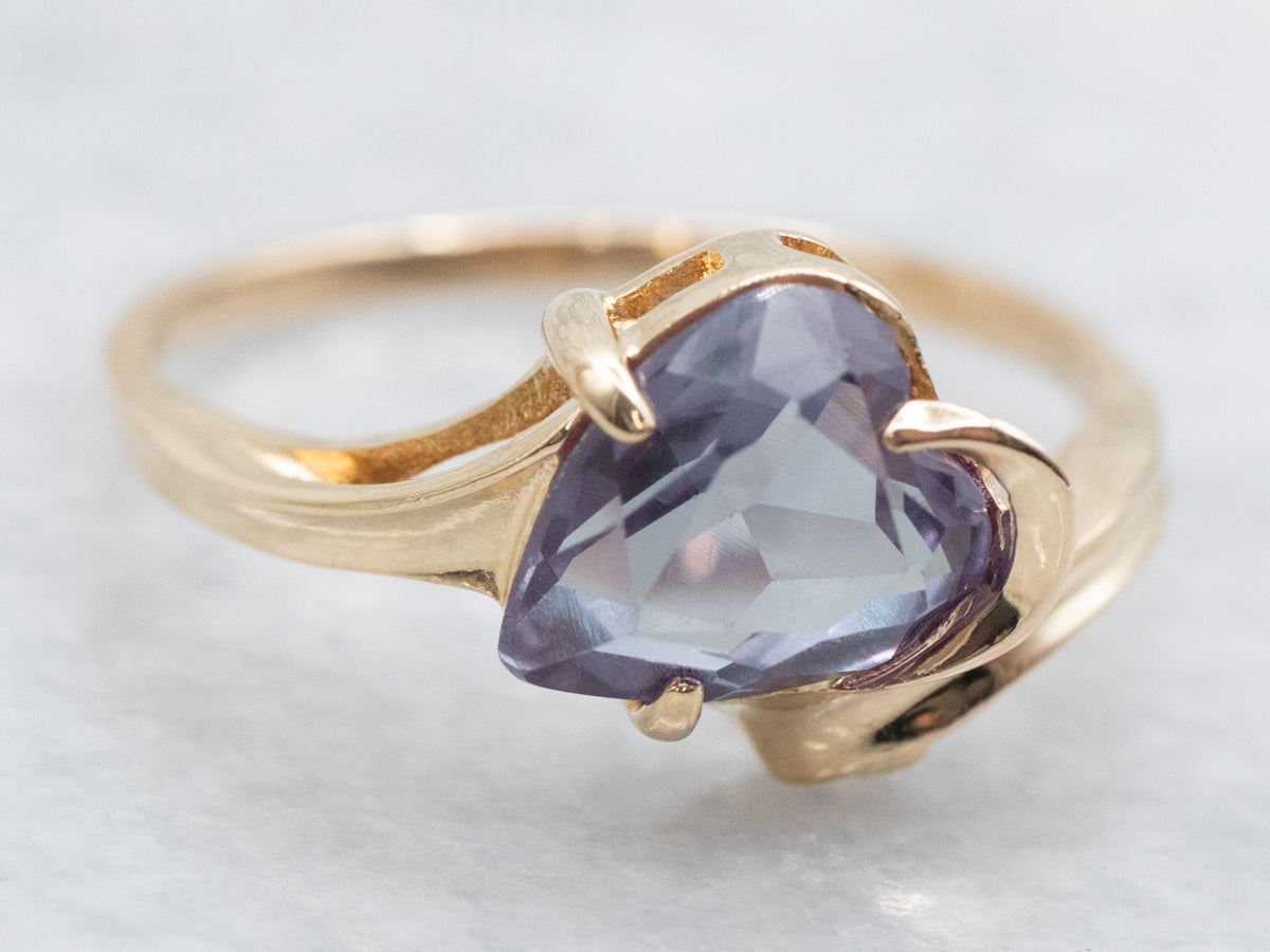 Yellow Gold Heart Shaped Synthetic Alexandrite Solitaire Bypass Ring