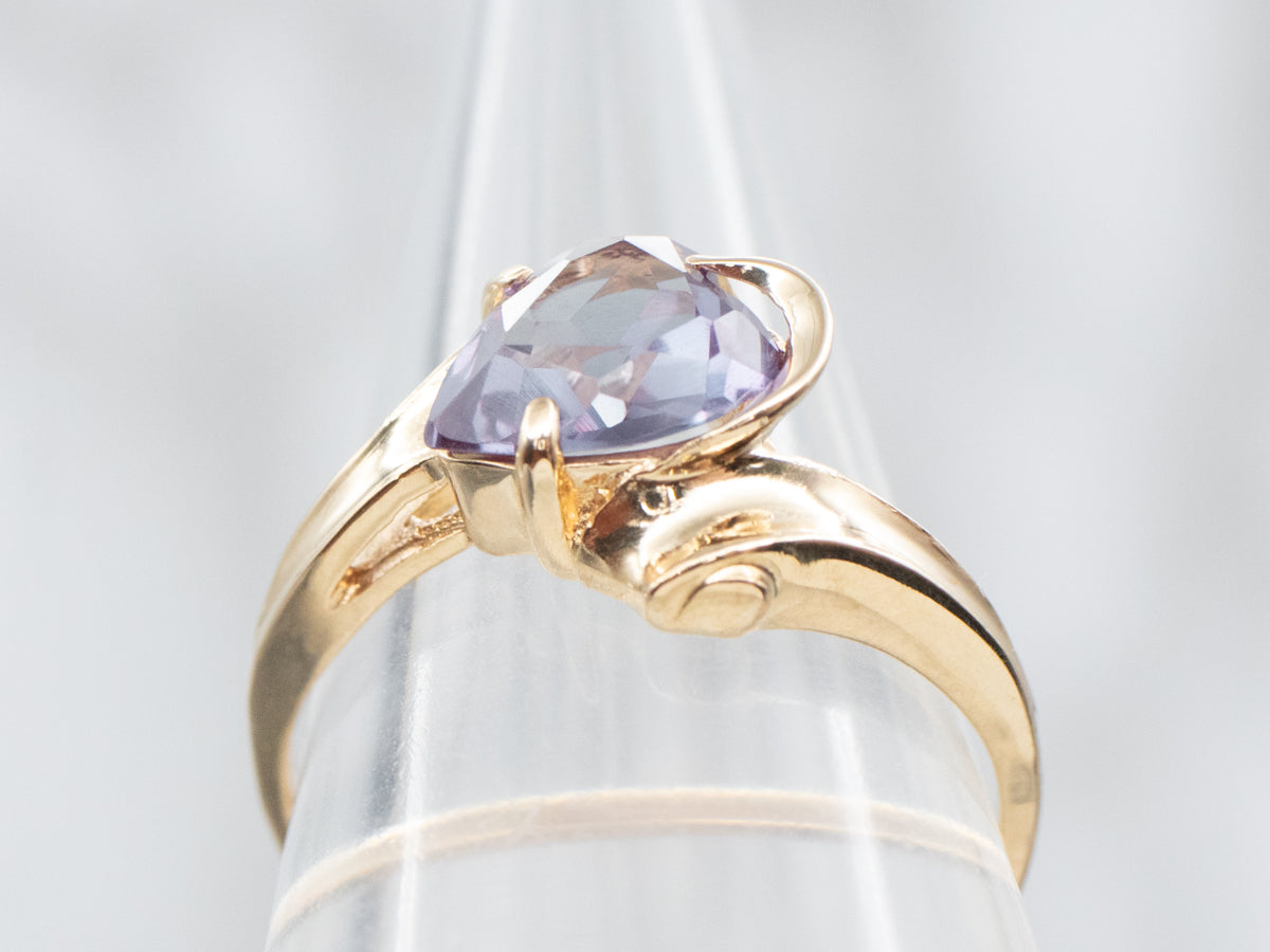 Yellow Gold Heart Shaped Synthetic Alexandrite Solitaire Bypass Ring