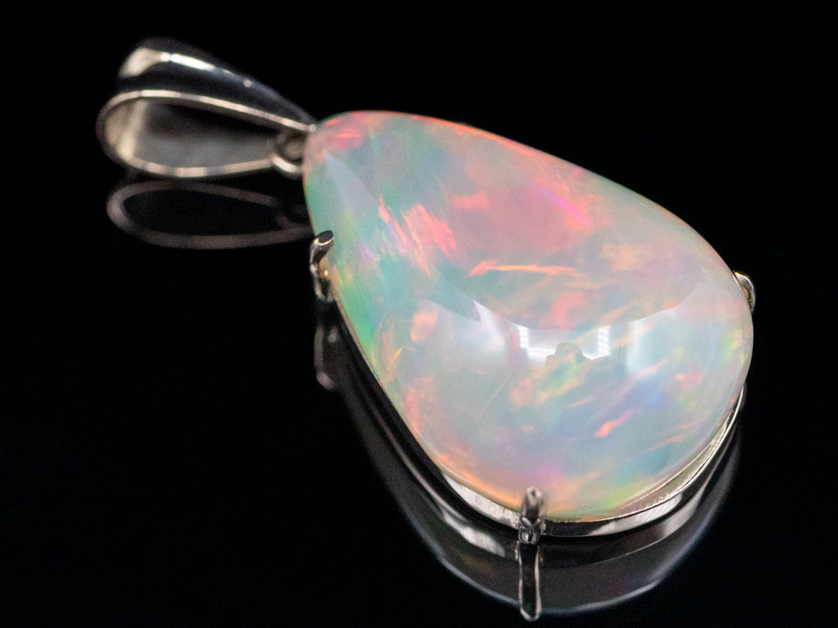 White Gold Pear Cut Opal Solitaire Pendant