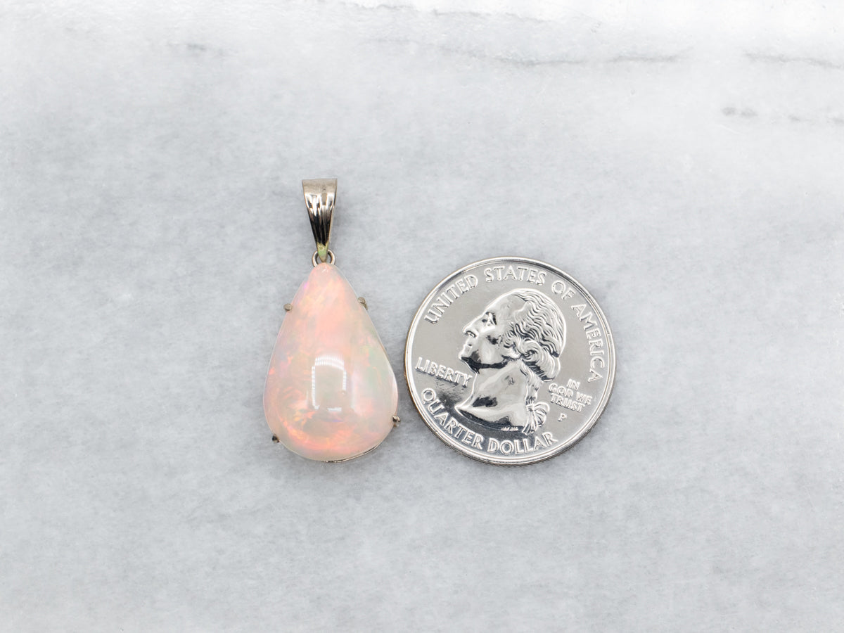 White Gold Pear Cut Opal Solitaire Pendant