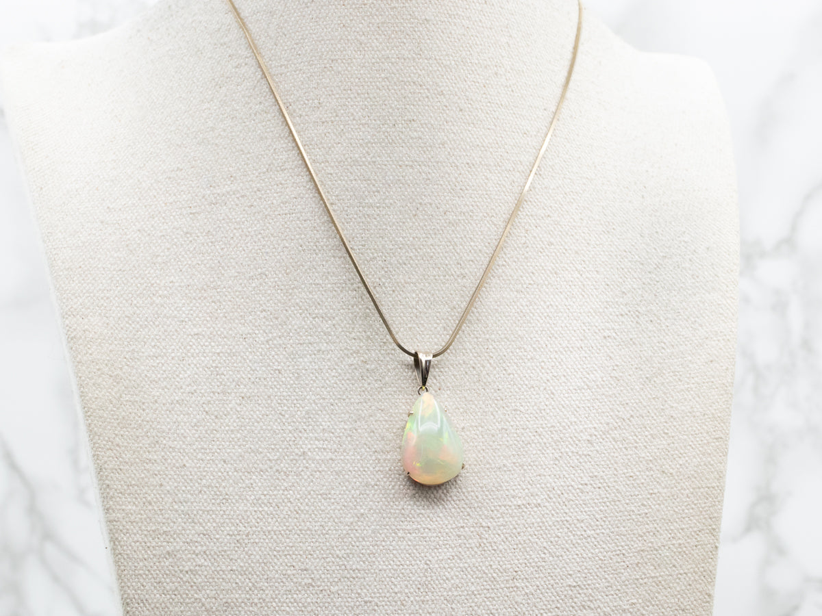 White Gold Pear Cut Opal Solitaire Pendant