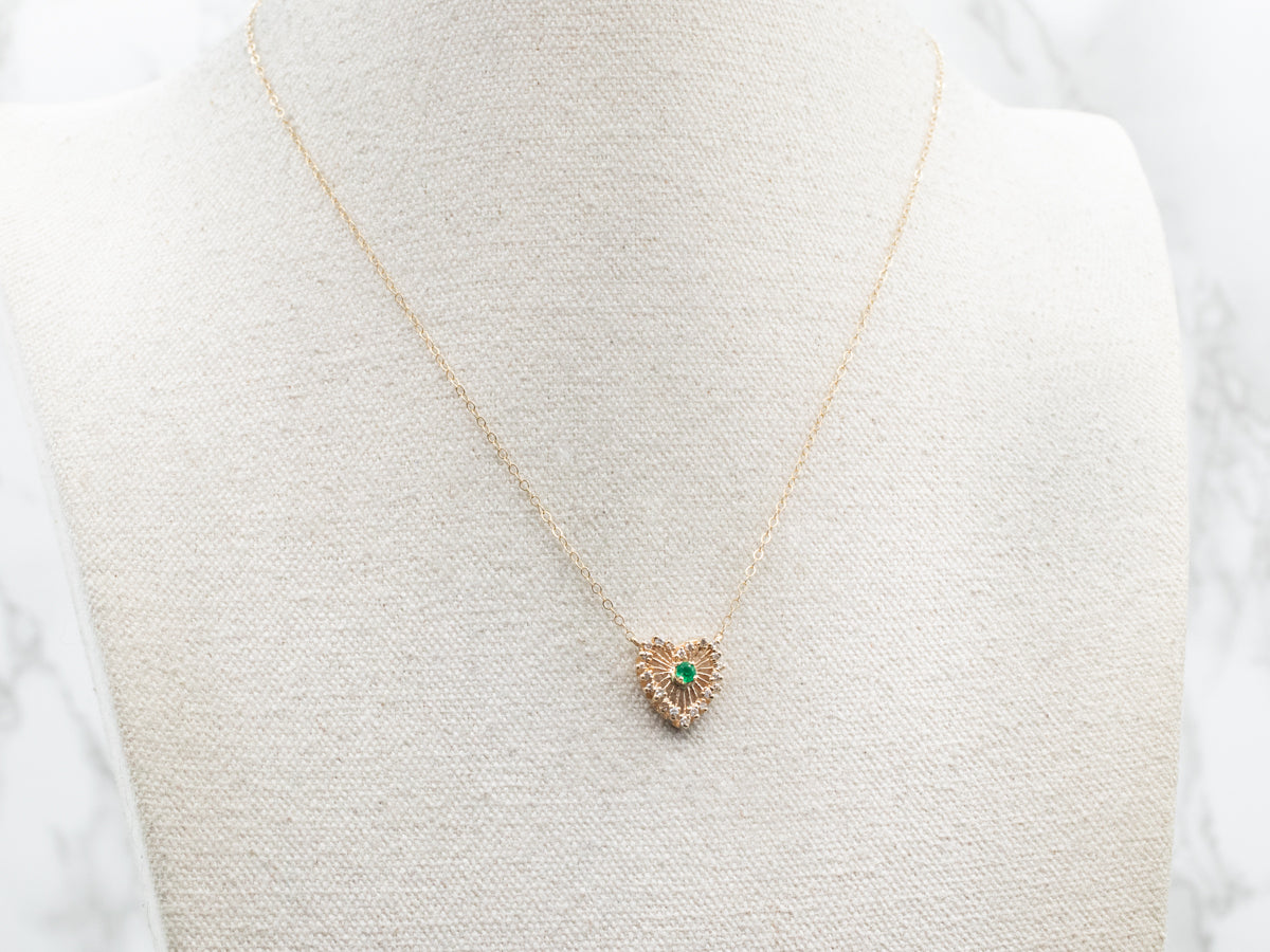 Gold Emerald and Diamond Halo Heart Shaped Necklace