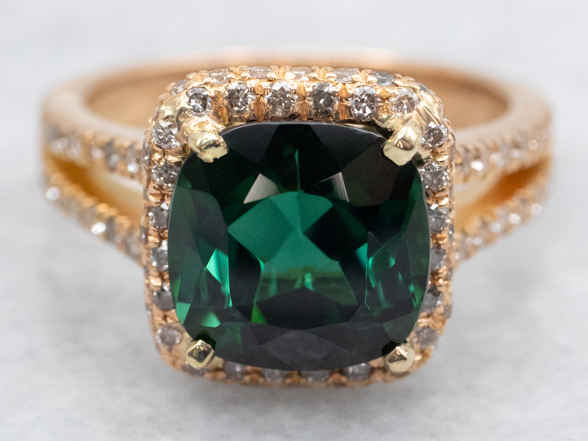Green Tourmaline and Diamond Halo Ring