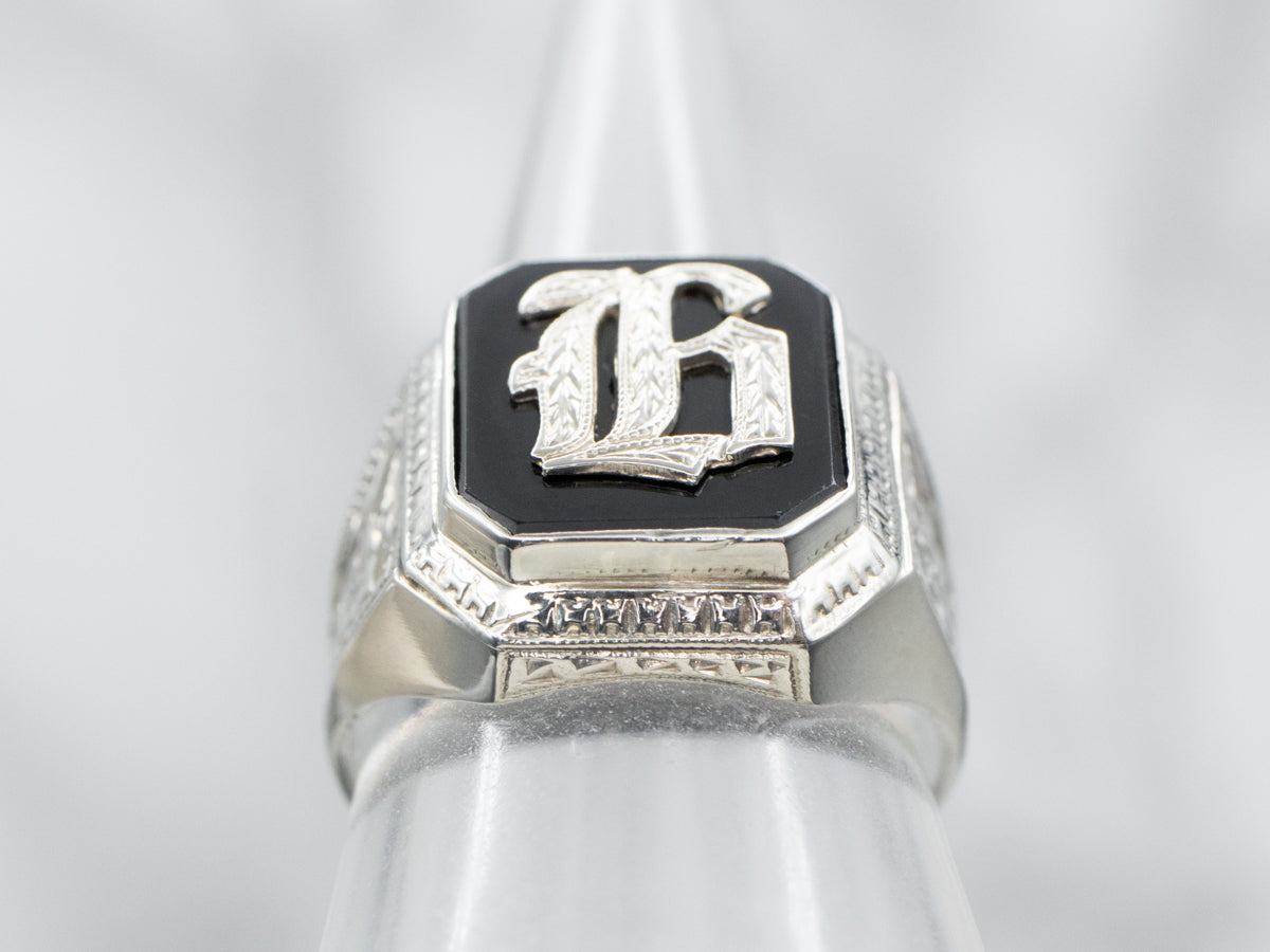 Art Deco "H" Black Onyx Signet Ring