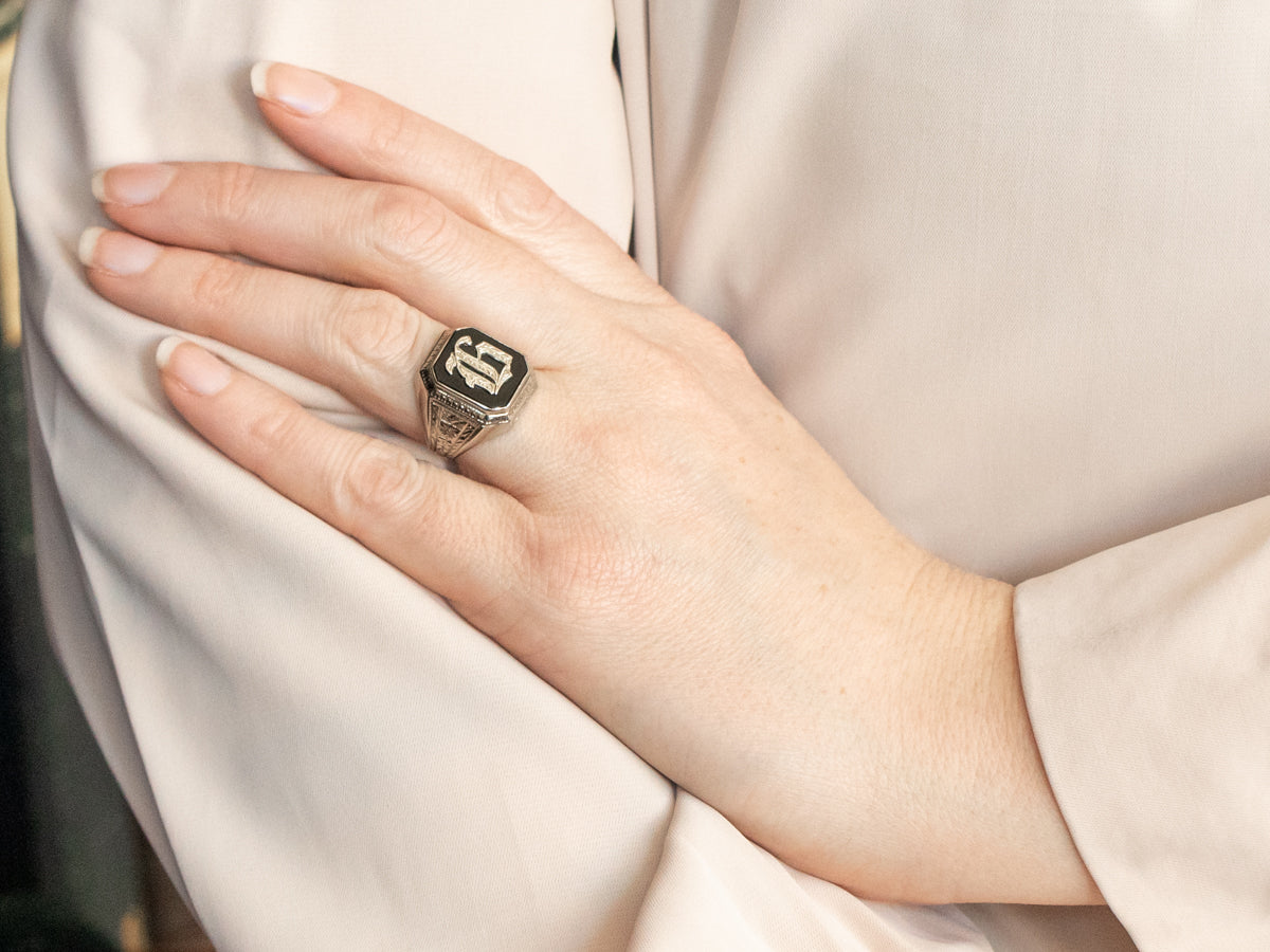 Art Deco "H" Black Onyx Signet Ring