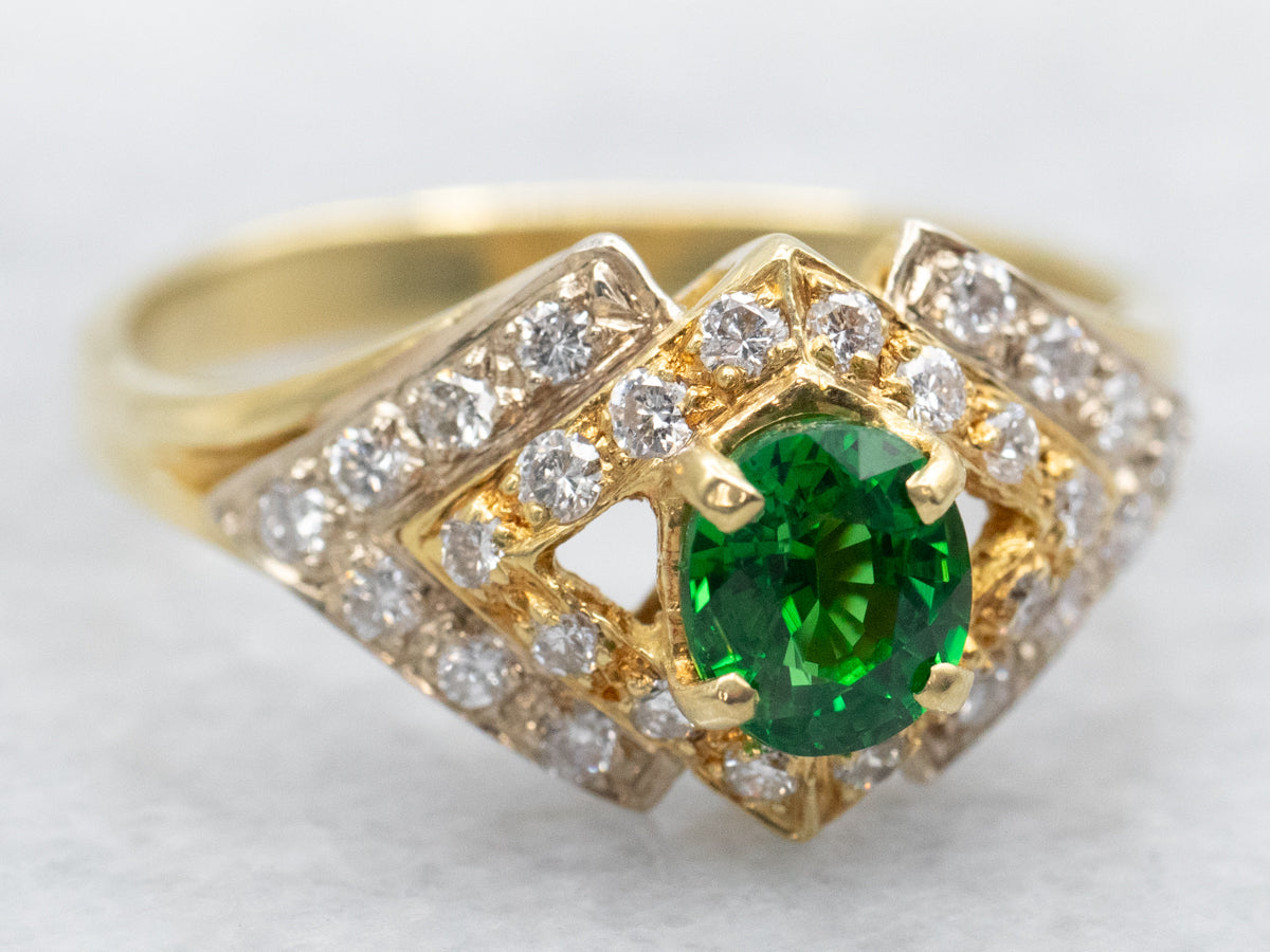 Modern Tsavorite Garnet and Diamond Ring
