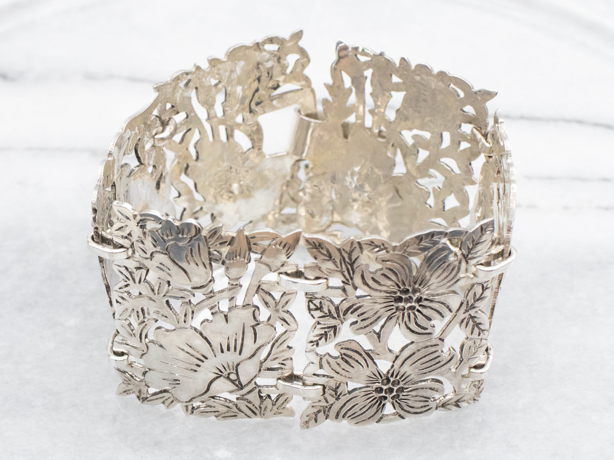 Vintage Sterling Silver Floral Engraved Panel-Link Bracelet