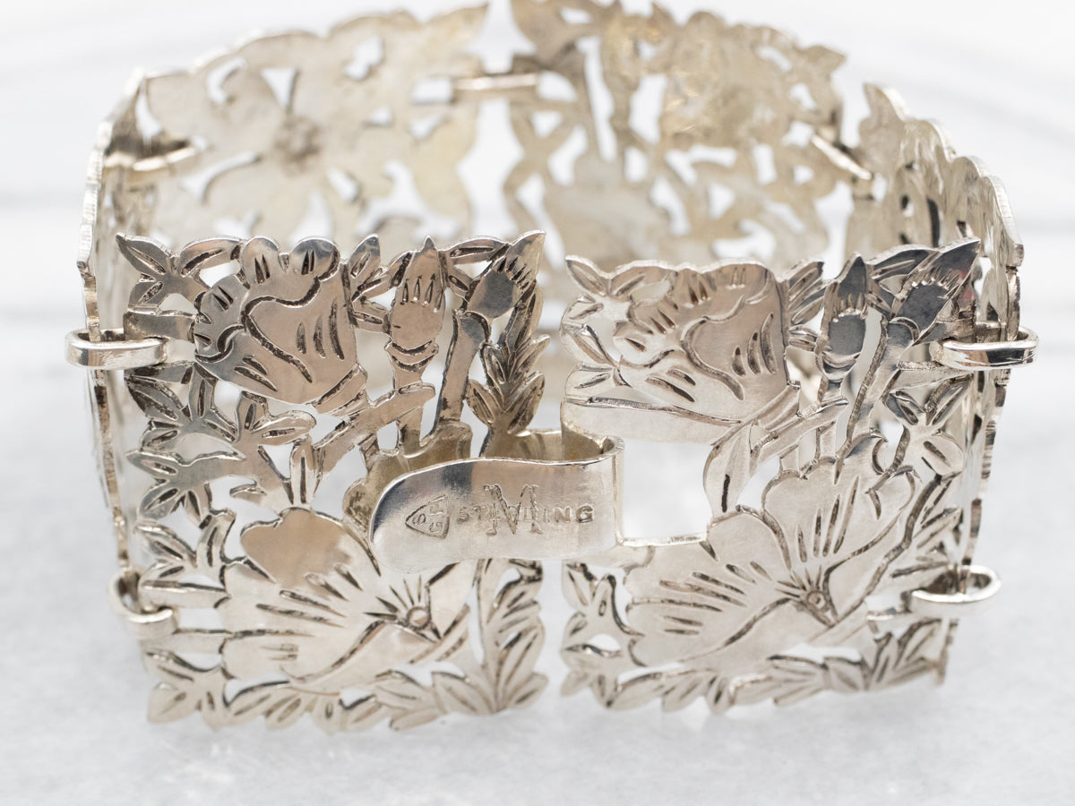 Pulsera vintage de eslabones con panel grabado floral en plata de ley