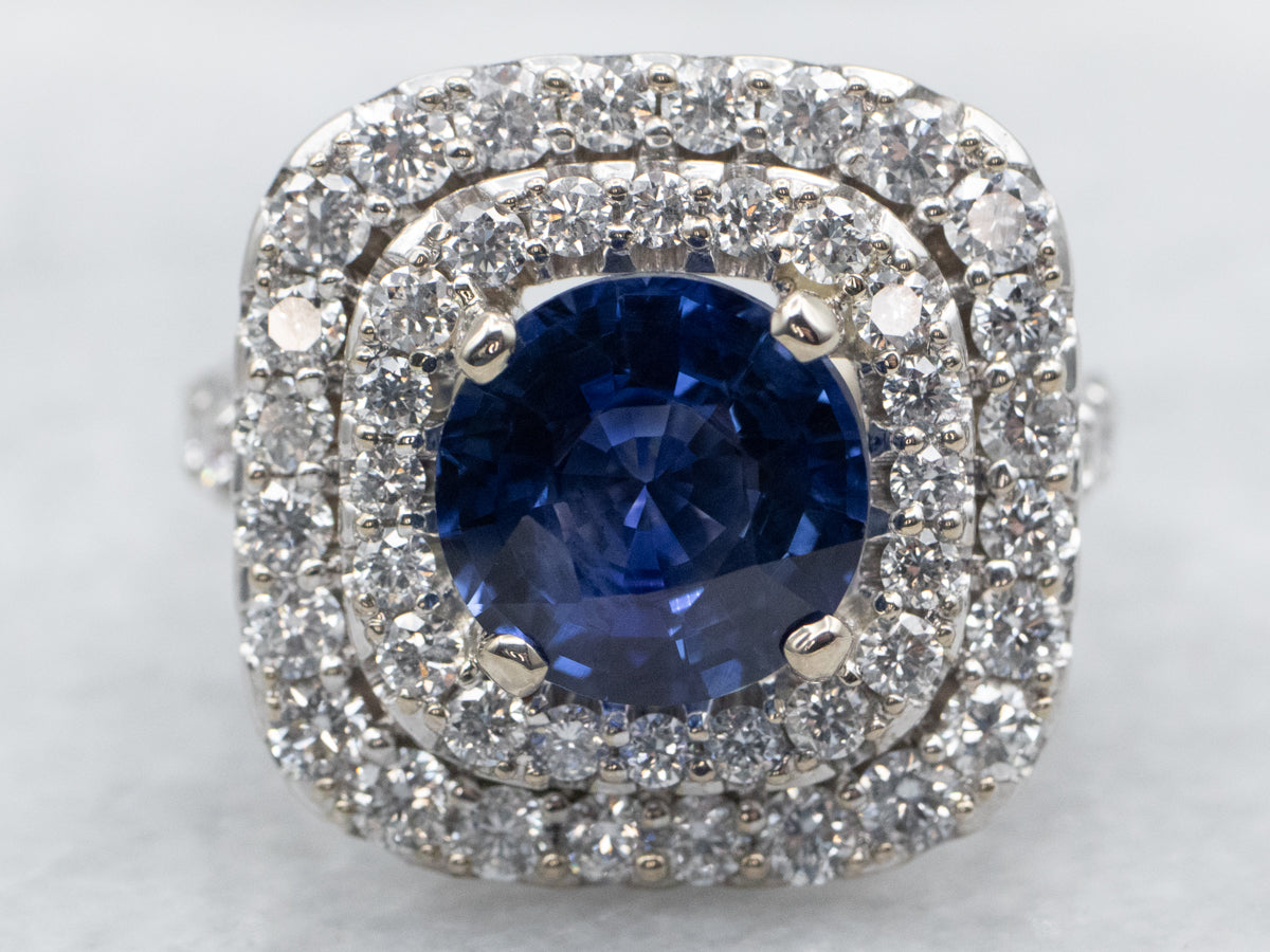 Modern Sapphire and Double Halo Diamond Engagement Ring
