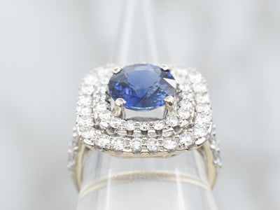 Modern Sapphire and Double Halo Diamond Engagement Ring