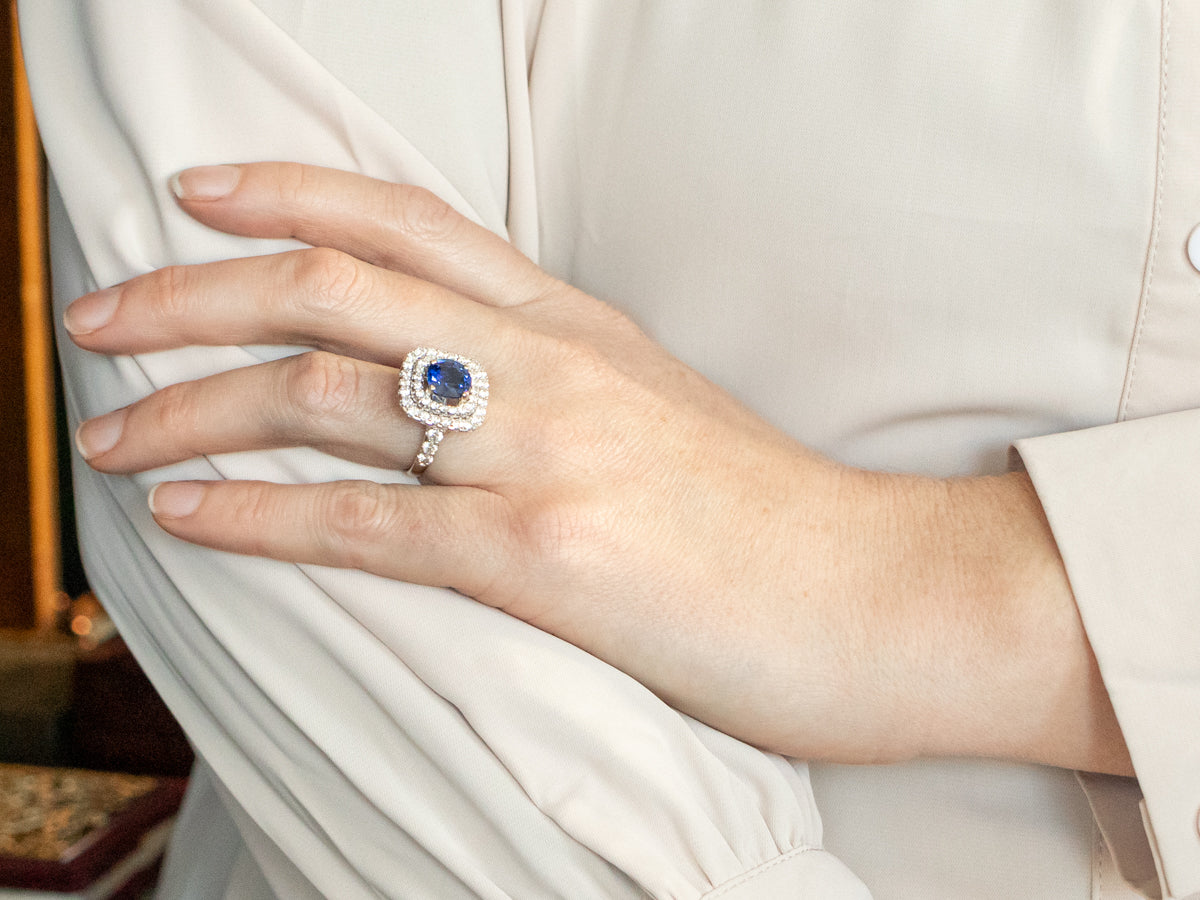 Modern Sapphire and Double Halo Diamond Engagement Ring