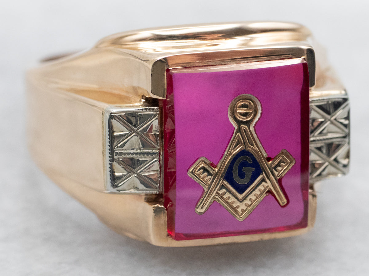 Masonic Ruby Rings Men's Vintage Gold Synthetic Ruby Masonic Ring - Market Square Jewelers