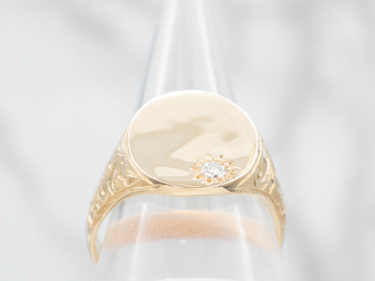 Yellow Gold Engravable Signet Ring with Oval Top and Diamond Accent