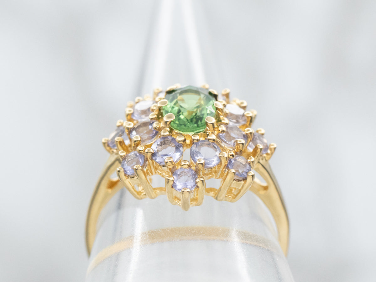 Unusual Teal Green Sapphire Tanzanite Halo Cocktail Ring