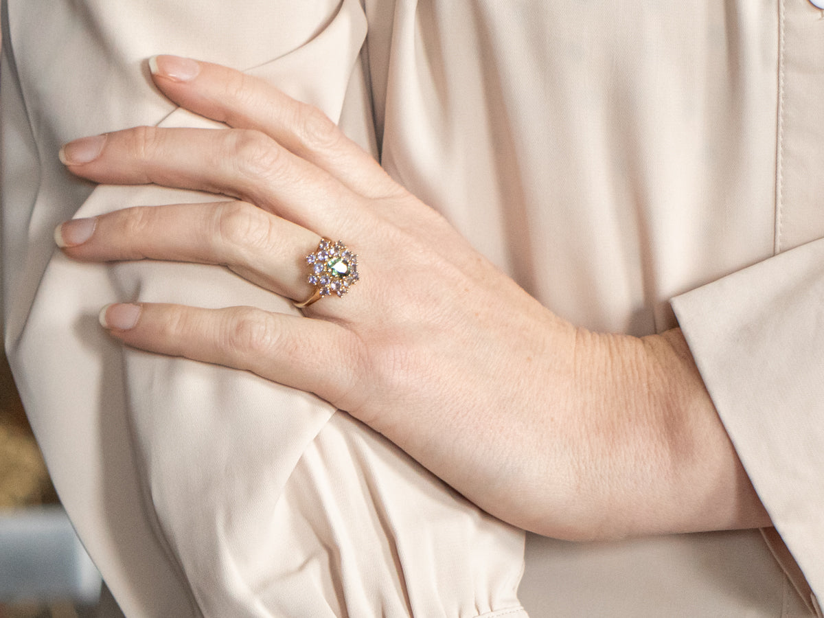 Unusual Teal Green Sapphire Tanzanite Halo Cocktail Ring