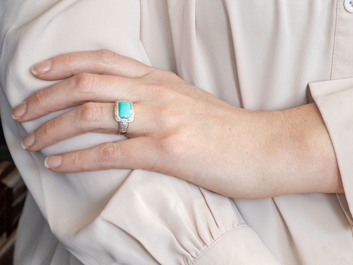 Modern Turquoise and Diamond Halo Ring