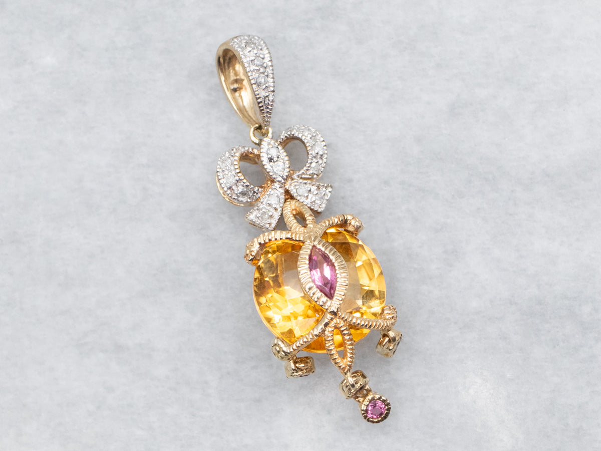 Citrine Pink Tourmaline and Diamond Ribbon Pendant