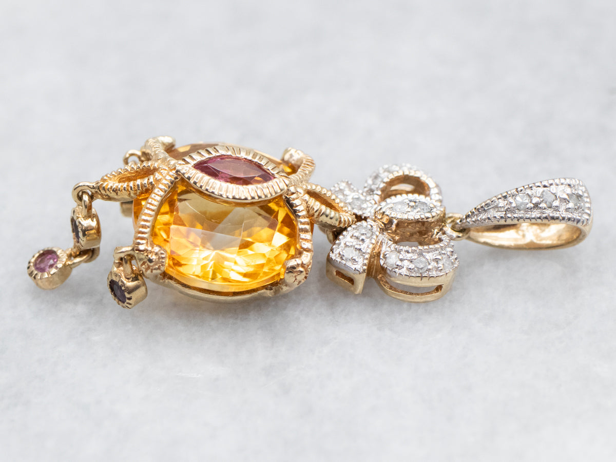 Citrine Pink Tourmaline and Diamond Ribbon Pendant