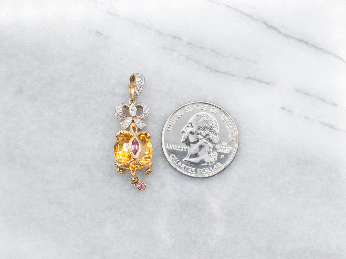 Citrine Pink Tourmaline and Diamond Ribbon Pendant