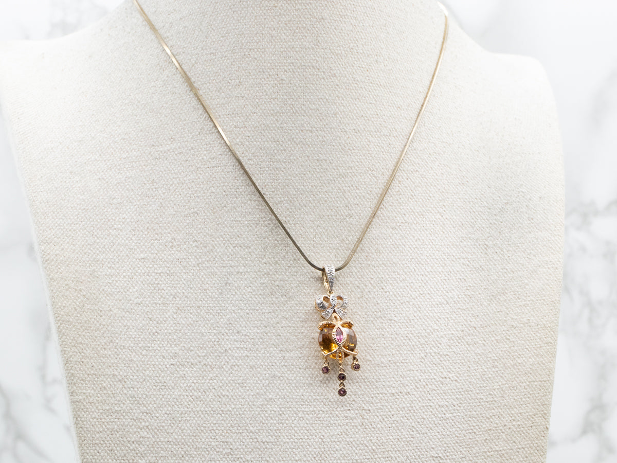 Citrine Pink Tourmaline and Diamond Ribbon Pendant