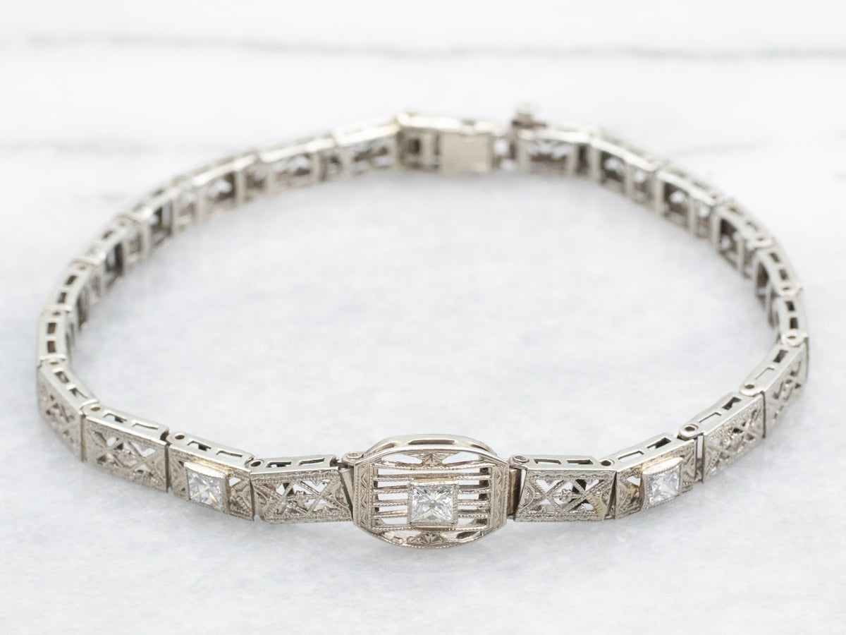 Art Deco White Gold Diamond Filigree Link Bracelet