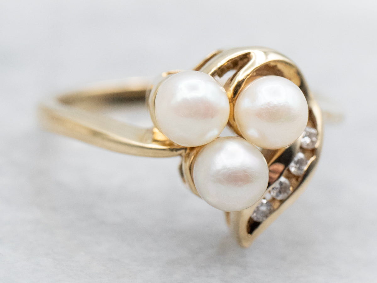 Saltwater Pearl and Channel Set Diamond Ring