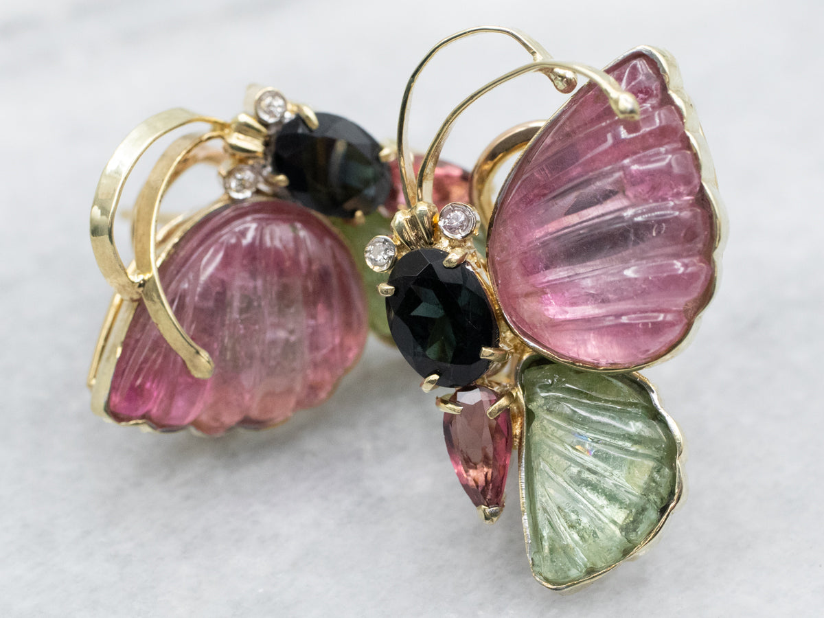 Pendientes de mariposa de diamantes y turmalina multicolor