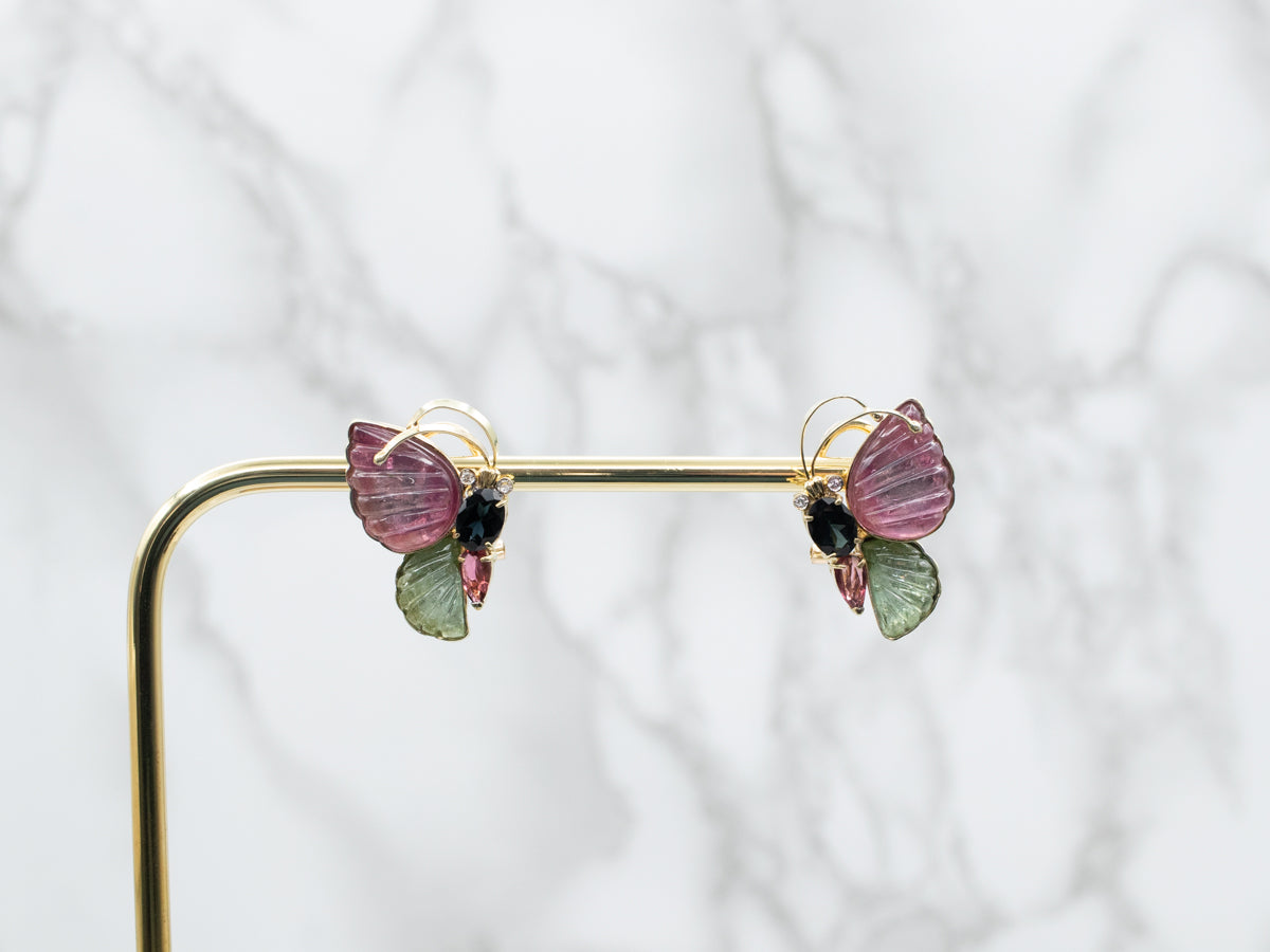 Pendientes de mariposa de diamantes y turmalina multicolor