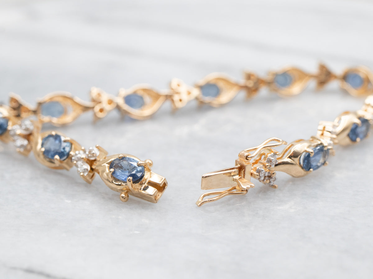 Yellow Gold Finished Tennis Bracelet – Blue Sapphire With Created Diamonds – Gift Boxed 7-7.49"