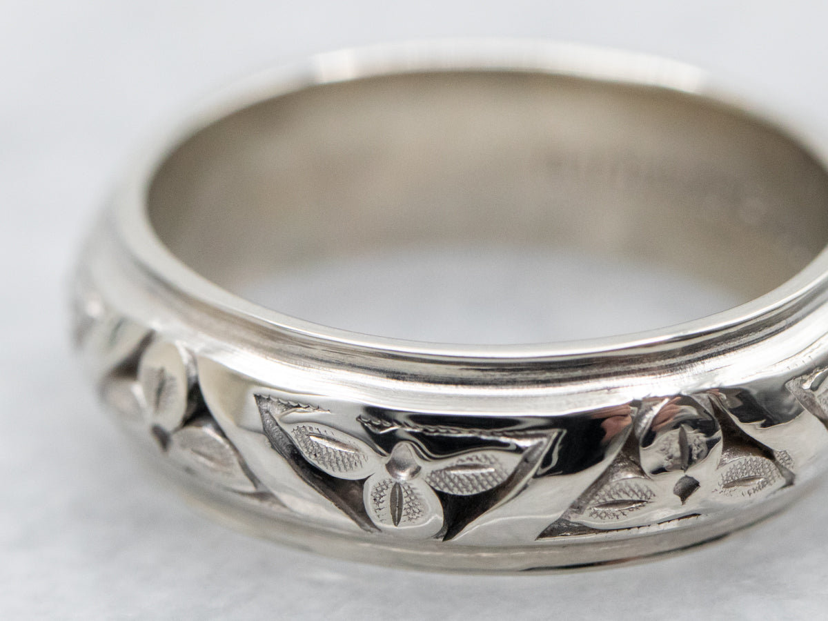 White Gold Botanical Etched Wedding Band