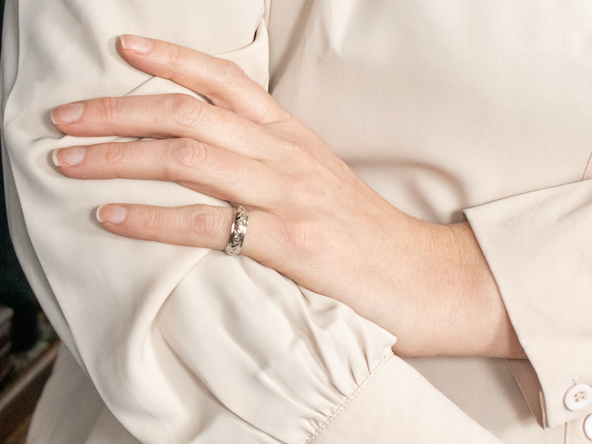 White Gold Botanical Etched Wedding Band