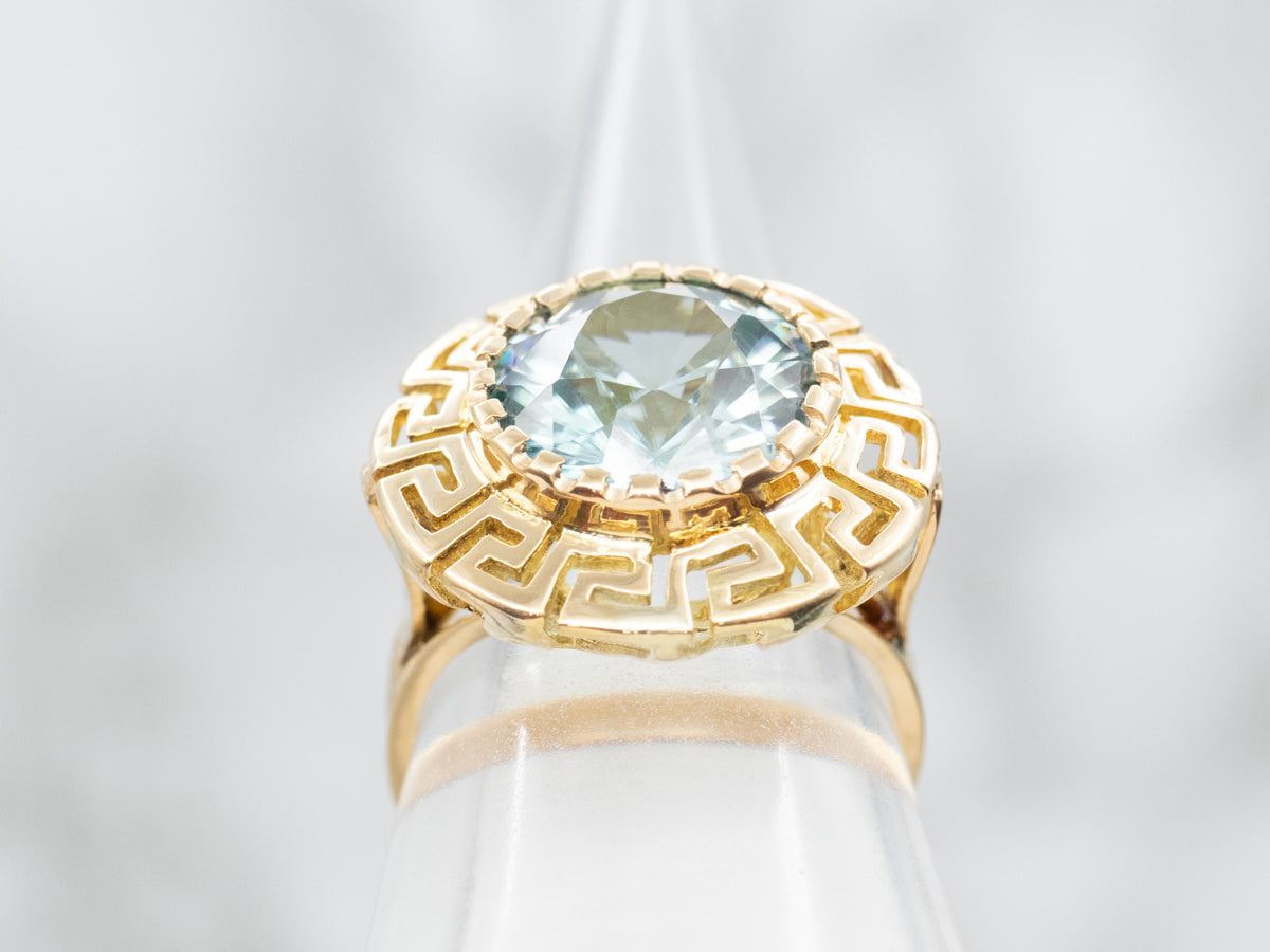 Blue Zircon Solitaire Ring with Greek Key Frame
