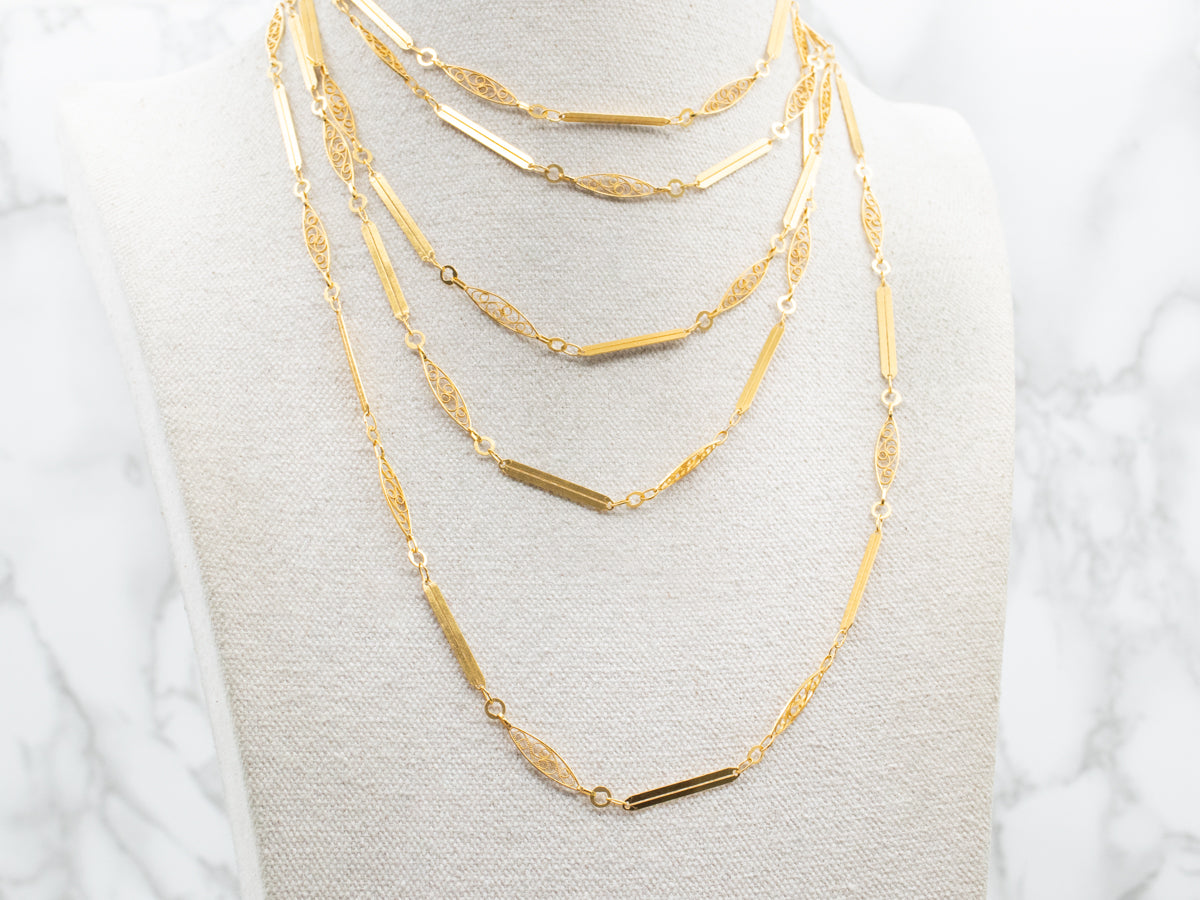 Collar de cadena de eslabones de barra de filigrana de oro fino extralargo