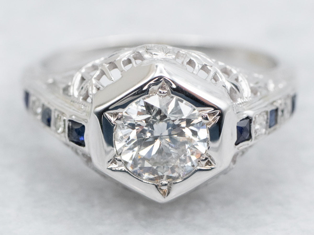 Art Deco Diamond and Sapphire Engagement Ring
