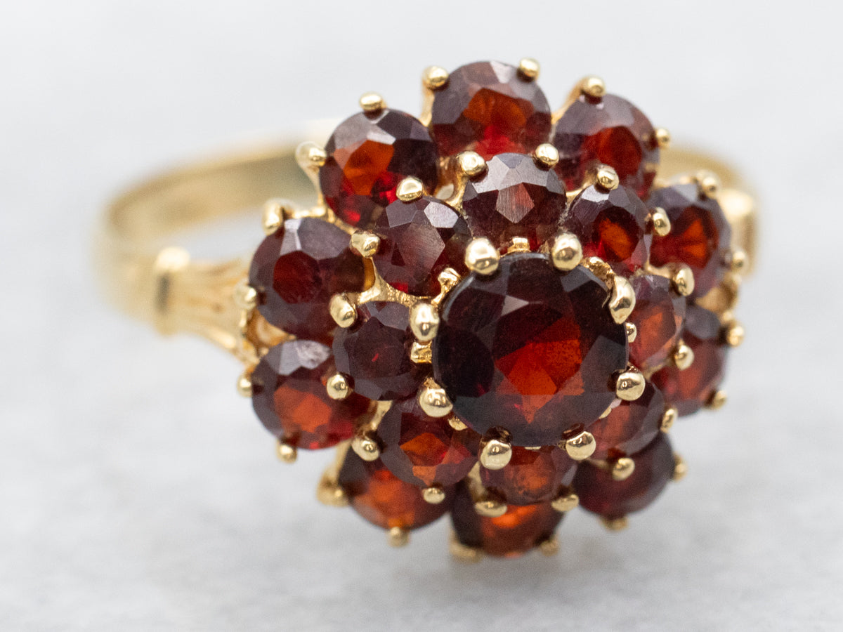 Yellow Gold Garnet Halo Cluster Ring