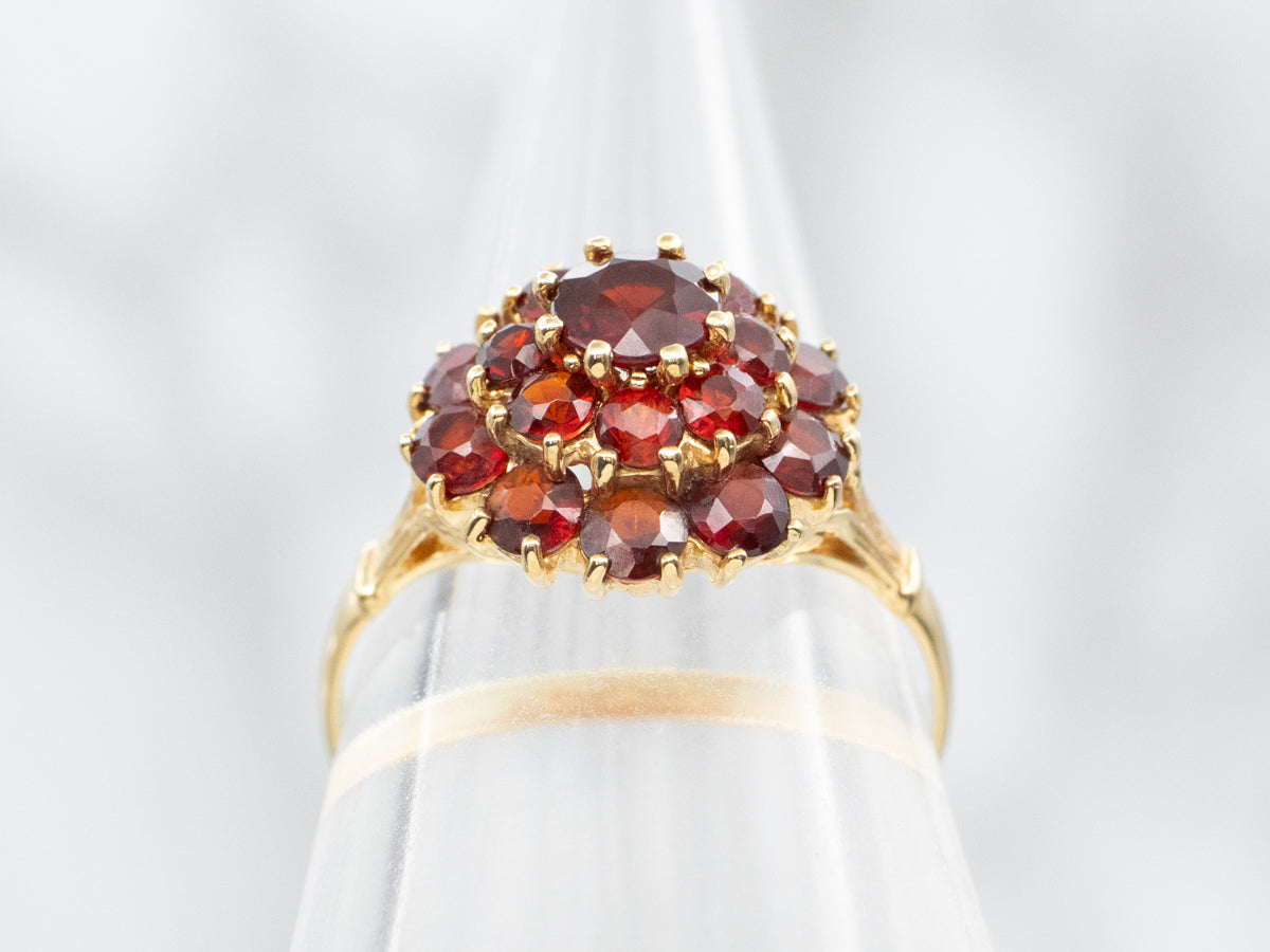 Yellow Gold Garnet Halo Cluster Ring