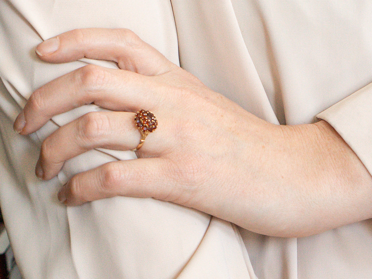 Yellow Gold Garnet Halo Cluster Ring
