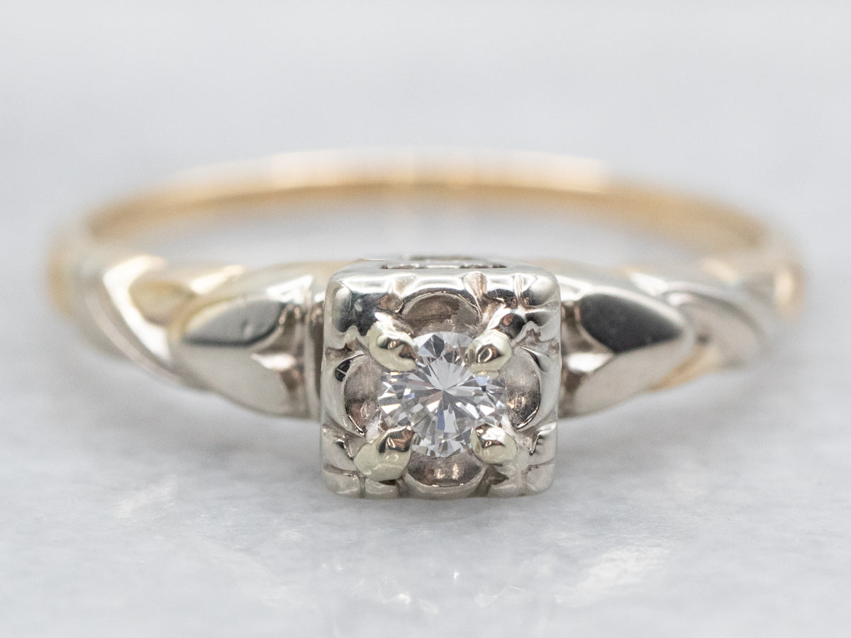 Two Tone Retro Diamond Solitaire Engagement Ring