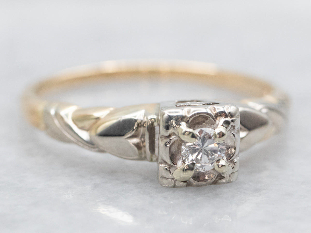 Two Tone Retro Diamond Solitaire Engagement Ring