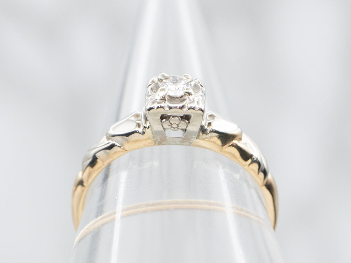 Two Tone Retro Diamond Solitaire Engagement Ring